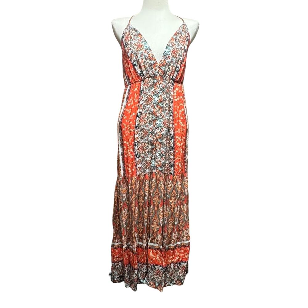 Luukse Maxi Dress Sundress Teal Blue Green Orange Beige Tie Small